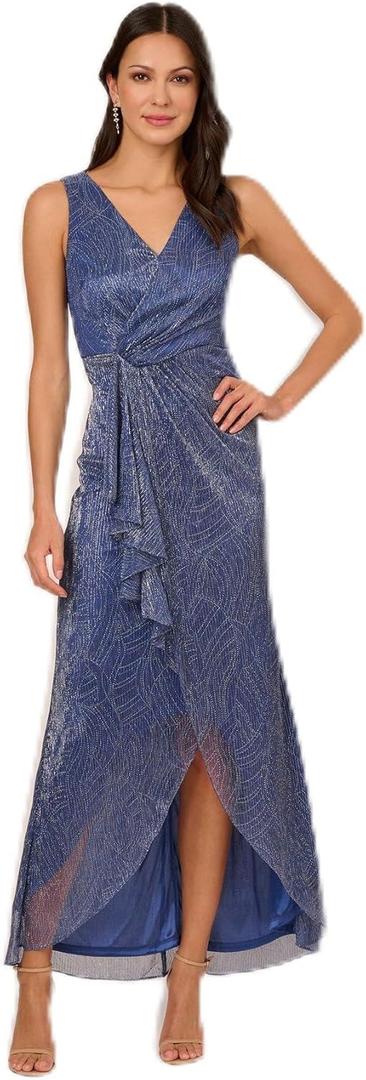 Adrianna Papell Women's Metallic Mesh Cascade Gown (14, Light Navy)