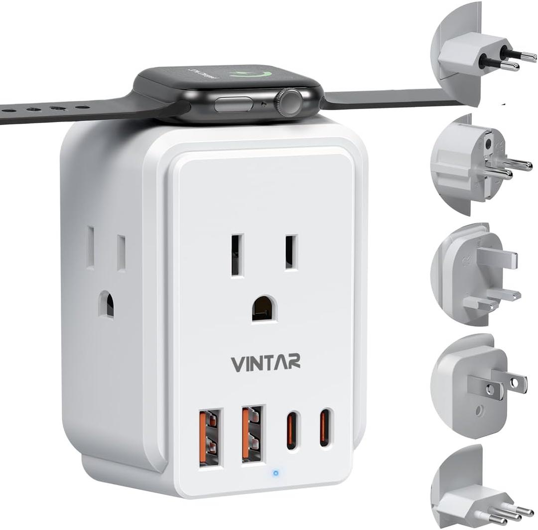 European Travel Plug Adapter Kit, VINTAR International Power Adapter for Apple Watch Charger with 3 AC Outlets 4 USB Ports (2 USB C), Type A/C/G/E/F/L Detachable Plugs, US to Europe UK Italy Spain