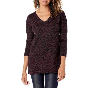 Amazon Essentials Women's Lightweight Long-Sleeve V-Neck Tunic Sweater (Large, Black Animal Print)