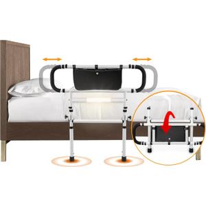 Bed Rails for Elderly Adults with Adjustable Heights & Extendable Dual Side Handles, Foldable Bed Assist Bar for Fall Prevention, Heavy Duty Bed Rail Fits King, Queen, Full, Twin Bed