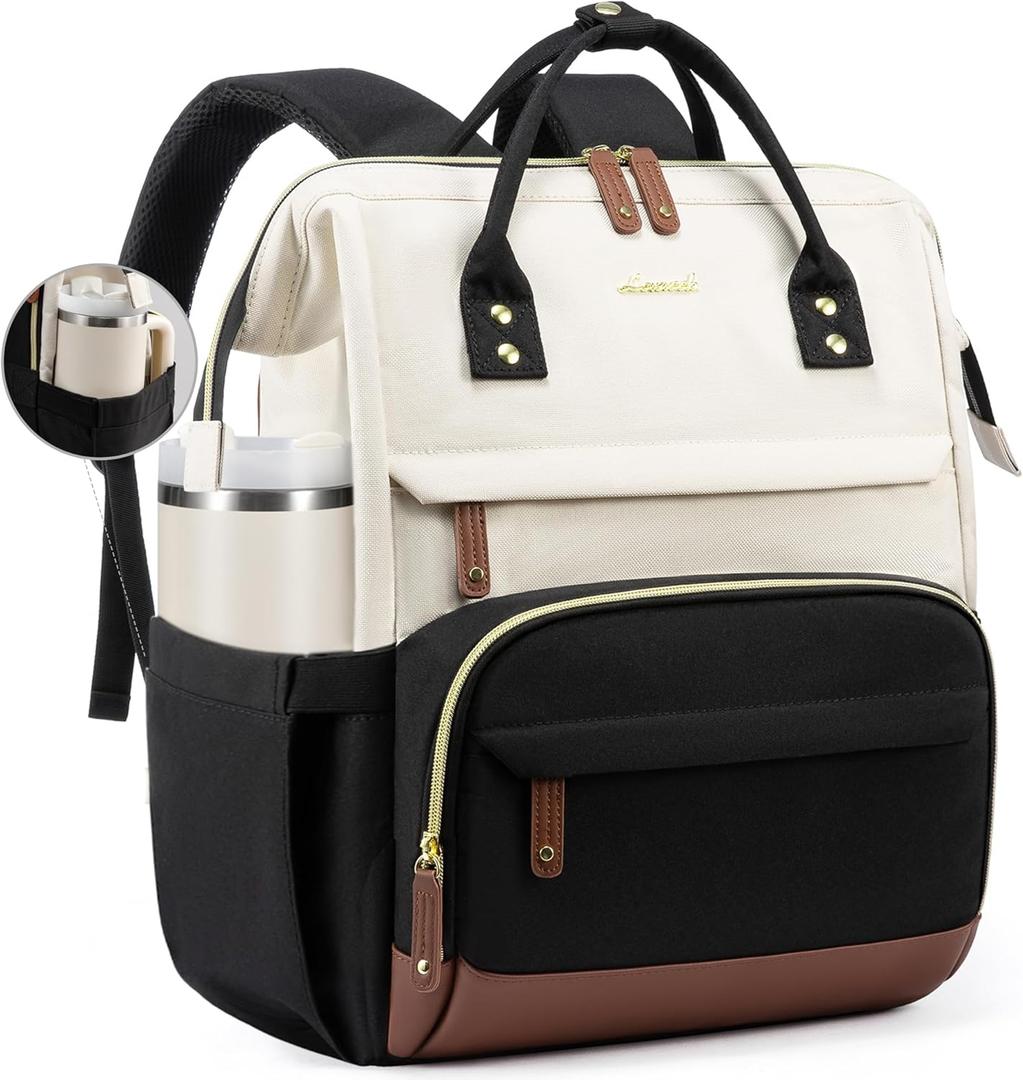 LOVEVOOK Laptop Backpack for Women, 15.6 Inch Work Business Backpacks Purse With Large Capacity, Waterproof Nurse Bag College Bookbag for School, Waterproof Casual Daypack for Travel (Beige-black)