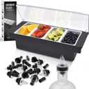 Esatto Bar Products Condiment Holder for Serving Container Chilled Garnish Tray with Lid for Bar Caddy, 4-1 Pint Inserts, With Added 12 Liquor Bottle Pourers, and 12 Pourer Covers - Black