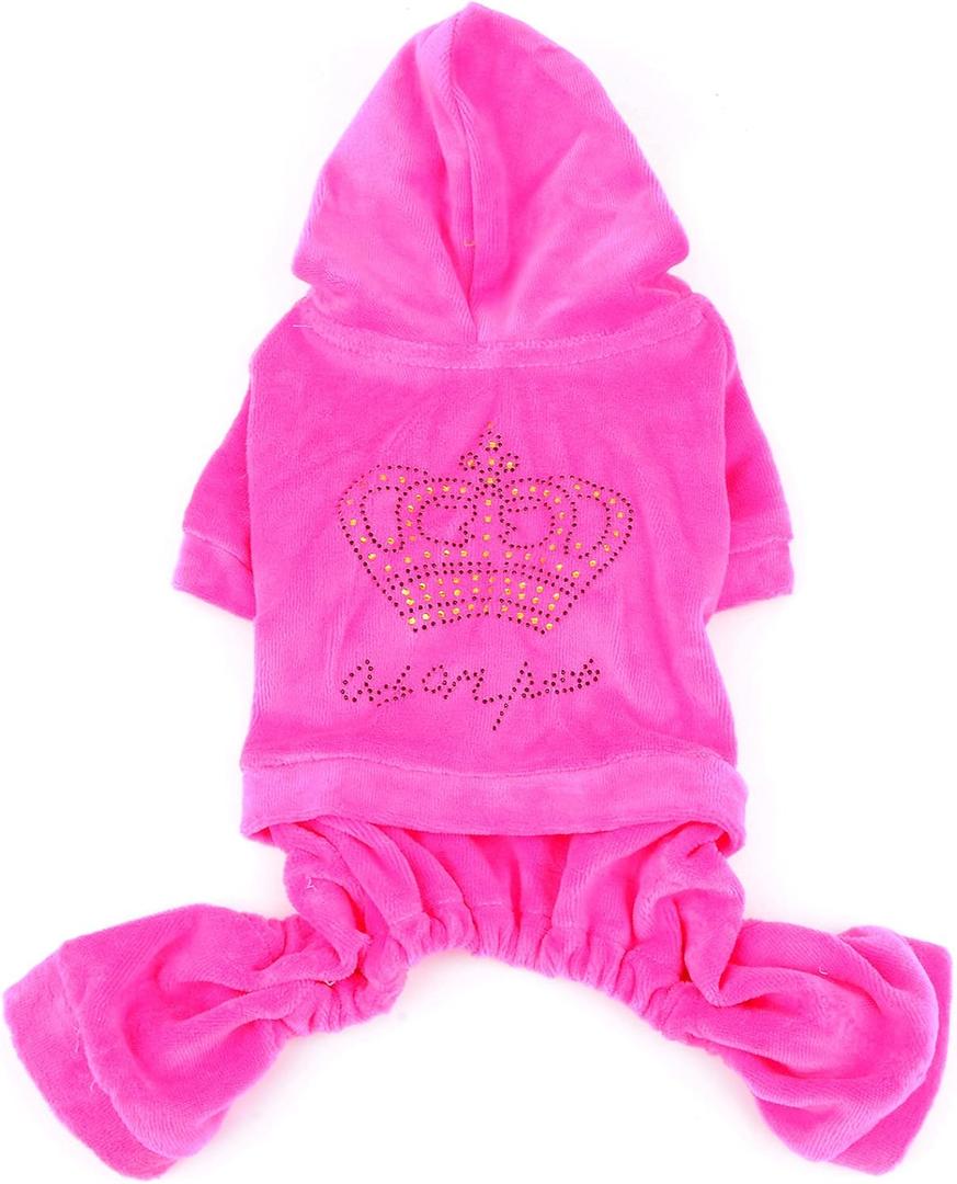 SMALLLEE_LUCKY_STORE Pet Clothes for Small Dog Cat Soft Velvet Crown Jumpsuit Coat Hooide Pajamas Tracksuit Pink S (S (Neck: 9", Girth: 15", Back: 9"))