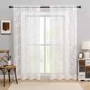 White Embroidered Sheer Curtains 96 Inches Long Leaf Pattern Sheer Curtains for Living Room Bedroom Light Filtering Rod Pocket Natural Botanical Floral Voile Linen Texture Drapes, 2 Panels Set, 50x96