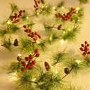 Christmas Garland with LED Fairy Lights Battery Operated Smokey Pine Garlands with 8 Flash Modes and Timer Red Berries Bells Pine Cones Green Garland Rustic Garlands for Xmas Holiday Home (6.56 feet-red berries)
