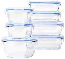 Amazon Basics Leak-Proof Glass Locking Lids Food Storage Containers, 14-Piece Set, 7 Count of Bases and 7 Plastic Lids, Clear, Blue, BPA Free