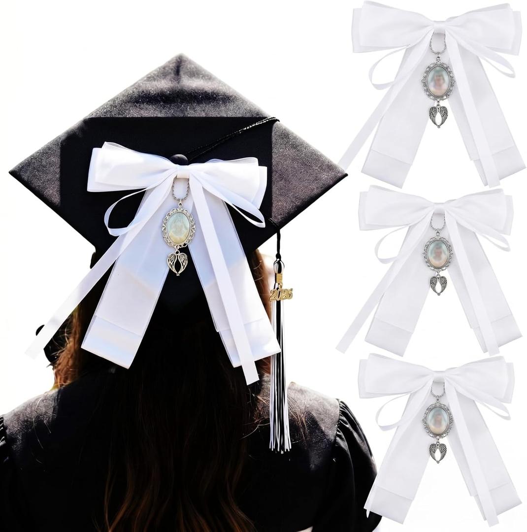 EBOOT 4 Pcs 2026 Graduation Bow Photo Charm Graduation Cap Bow Memorial Charm with Tassels Class of 2026 DIY Graduate Cap Topper Keepsake White Bows Photo Charms for Graduate Caps Decorations