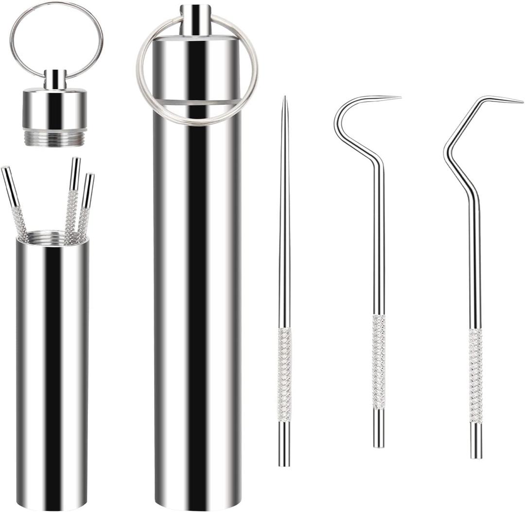 Metal Toothpicks Kit, 3 Pieces 2 Set, Silver | Reusable & Portable Stainless Steel Keychain Toothpick Holder, Teeth Cleaning Tools for Outdoor Travel Camping