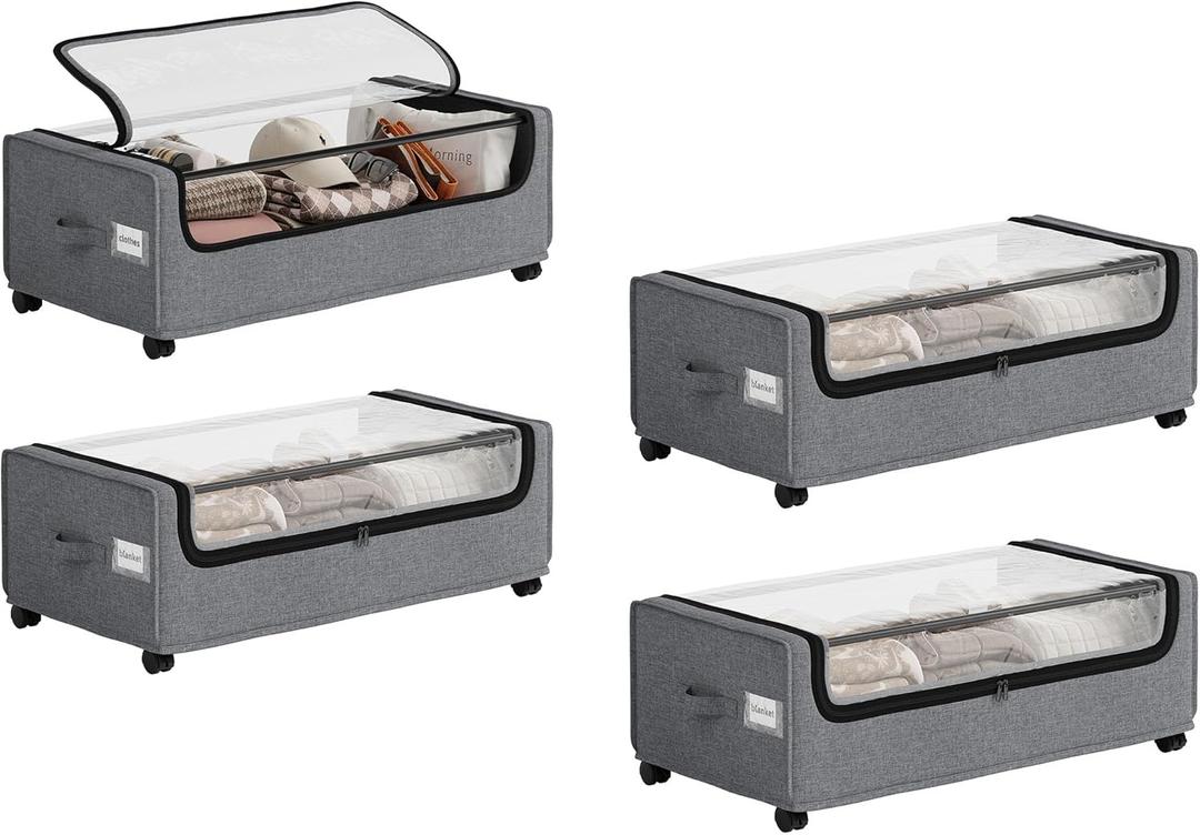Under Bed Storage, 4-Packs Under Bed Storage With Wheels, Under bed Shoe Storage, Metal Frame, 90L Capacity, Storage Drawers for Bedroom