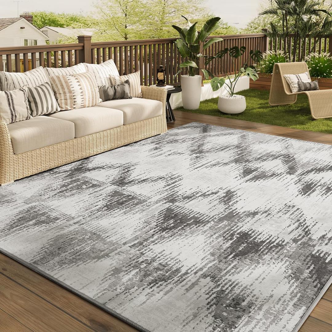 COCOER Outdoor Rug-Quick Dry Indoor Outdoor Area Rug-Grey Rugs for Living Room-Absorbent Patio Rug-Non Slip Outdoor Carpet-Morocco Washable Rug-Room Decor for Balcony Deck (8' x 10' (Rectangular))
