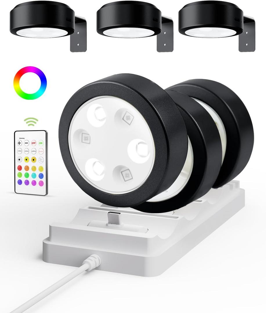 EZVALO Picture Lights for Wall, Rechargeable Battery Magnetic Poster Lights with 3 Color Temps & 12 RGB, Remote Dimmable Timer Light, Wall Decor Light for Art Display (6 Pack with Charging Station)