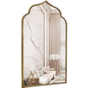 Arch Wall Mirror, 22" W x 38" H Metal Marlowe Beaded Frame Accent Mirror, Large Modern Vintage Gold