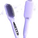LANDOT Hair Straightener Brush for Damaged Hair - Keratin & Argan Oil Coated Bristles, Ionic Ceramic Straightening Brush to Reduce Frizz & Nourish Hair, Dual Voltage, 12 Temp 250-450F, Purple