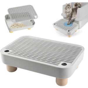 Rolcoassuns Litter Box Ramp, Cat Steps/Stair for Litter Box, Litter Catcher with Filter Function and Non-Slip Rubber Feet, Suitable for Small and Elderly Cats (Light Grey with Wooden Base)