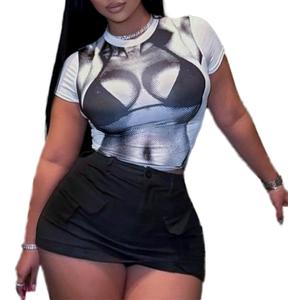 sedmoda Women Sexy Graphic Tees Crop Tops Short Sleeve 3D Body Print Summer T Shirts Blouses (Small)