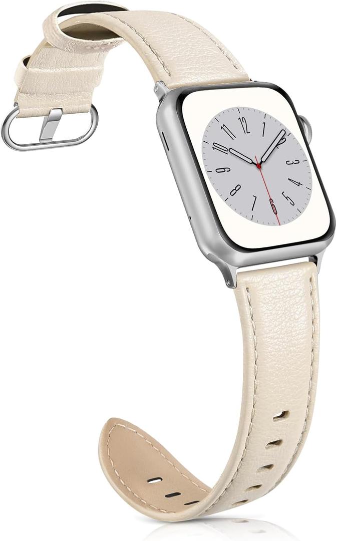 Leather Band Compatible with Apple Watch Bands 38mm 40mm 41mm 42mm Series 10, Elegant Top Grain Genuine Leather Bands Replacement Strap for Apple iWatch Series 10 9 8 7 6 5 4 3 2 1 SE2 SE Women (Ivory)
