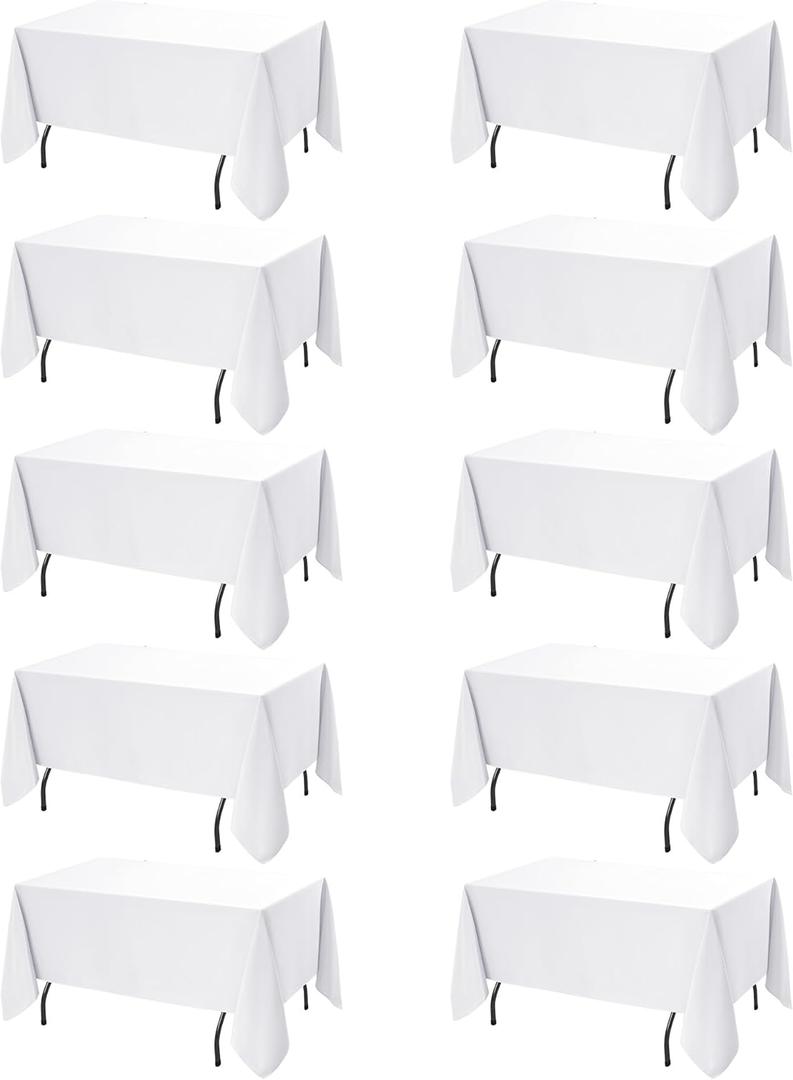 10-Pack White Tablecloths for Rectangle Tables, 70 x 120 Inches, Stain-Resistant Polyester Fabric for 6 Foot Tables - Washable Table Covers for Weddings, Banquets, Birthday Parties, Events