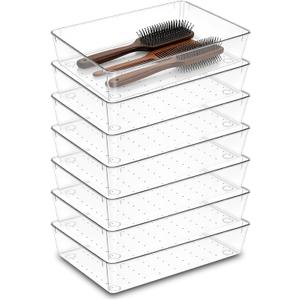 7Pack Desk Drawer Organizers, 6"*9" makeup acrylic drawer organizer trays for vanity, bathroom, office, nightstand, junk for kitchen drawer, Versatile plastic drawer divider storage bins