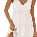 ZESICA Womens 2025 Summer Casual V Neck Sleeveless Mini Dress Tie Shoulder Tiered Ruffle Swing A Line Short Sundresses (Medium, White)