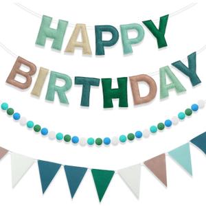 Mindsoft 3 Pcs Felt Happy Birthday Banner Set 8.2ft Pastel Happy Birthday Garland Triangle Bunting Pennant 6.5ft Pom Pom Ball Garland Sage Green Reusable Party Decorations for Women Men