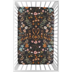 Sweet Jojo Designs Boho Wildflower Vintage Floral Girl Fitted Mini Crib Sheet Baby Nursery Infant Newborn Bed Room Portable Pack n Play Mattress Black Orange Bohemian Farmhouse Botanical Cottagecore