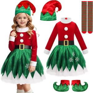 Elf Costume for Girls Kids Christmas Girl Elf Dress Costume (3-4T, Red)
