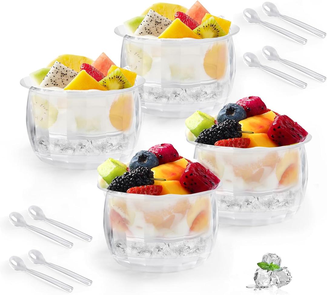 4 Packs Ice Chilled Serving Bowl,Dips on Ice Acrylic Dip Bowl,Dip Chiller Bowl with 4 Spoons Party Platters for Food,Fruit,Salsa, Clear