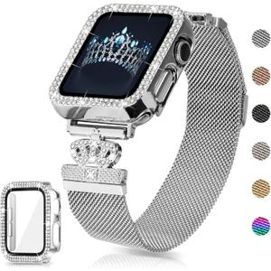 Magnetic Band Compatible with Apple Watch 38mm 40mm 41mm 42mm 44mm 45mm 46mm Stainless Steel Metal Strap with Bling Case and Built-in Screen Protector, Dressy Milanese Loop iWatch Bands for Women (Silver)