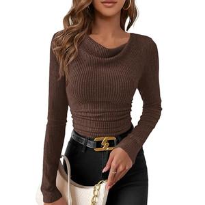 PRETTYGARDEN Women's Long Sleeve Cowl Neck Ribbed Knit Spring Shirts Slim Fit Ruched Going Out Crop Tops Basic T-Shirts(Brown,Small)