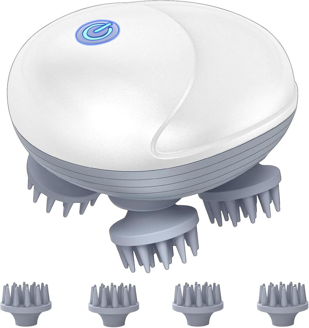 Upgraded Electric Scalp Massager for Men Women, Handheld Cat Dog Pet Head Massager with 4 Massage Heads, 3 Speeds, Waterproof Massager for Soothing Muscles Joints, Hair Growth, Stress Relax