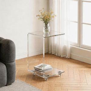 Modern Acrylic C-Shaped Side Table with Storage and Locking Wheels for Sofa Bed or Office Clear Rolling Nightstand 11.81 x 11.81 x 23.62 in