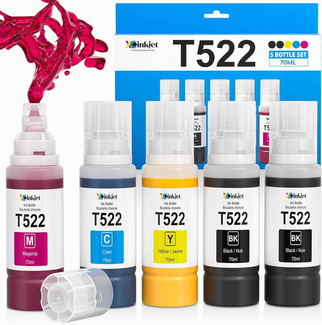 T522 Ink Refill Bottles Replacement for ET-2800 ET-2803 ET-4850 ET-2850 ET-3850 ET-2720 ET-4800 ET-15000 ET-2400 ET-2840 ET-4700 ET-4810 ET-4850 T522 Eco Tank Printer (2BK C M Y)