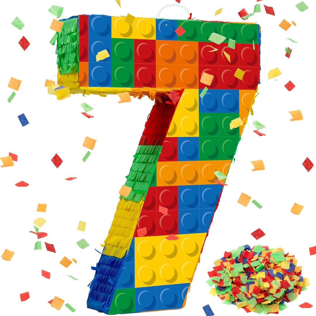Number 7 Building Blocks Piata 16.5 Inch Party Supplies 7th Birthday Party Decorations Piata with Confetti Blocks Theme Fiesta Anniversary Celebration
