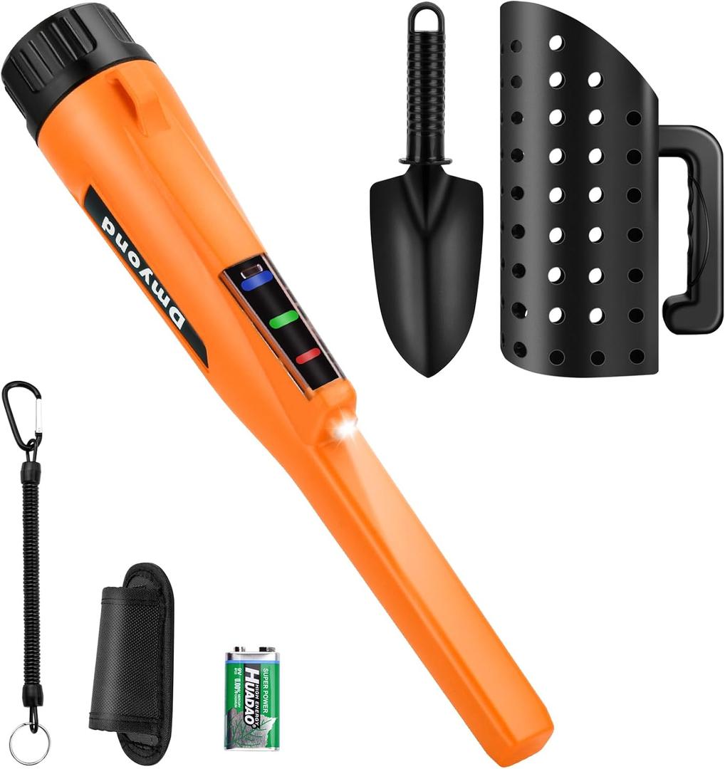 Dmyond Metal Detector Pinpointer & Accessories - IP68 Full Waterproof Handheld Pin Pointer Wand with 3 Modes - Includes Sand Sifter Scoop and Shovel for Beach Digging, Treasure Hunting (Orange)