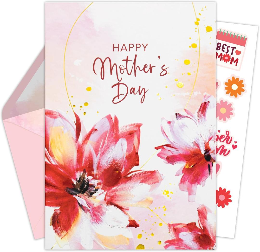 Decorably Gold-Foiled 5x7in Individual Happy Mothers Day Card for Mom with Floral Watercolor Design, Textured Mothers Day Cards for Mom with Envelope and Stickers, with Printed Message Inside