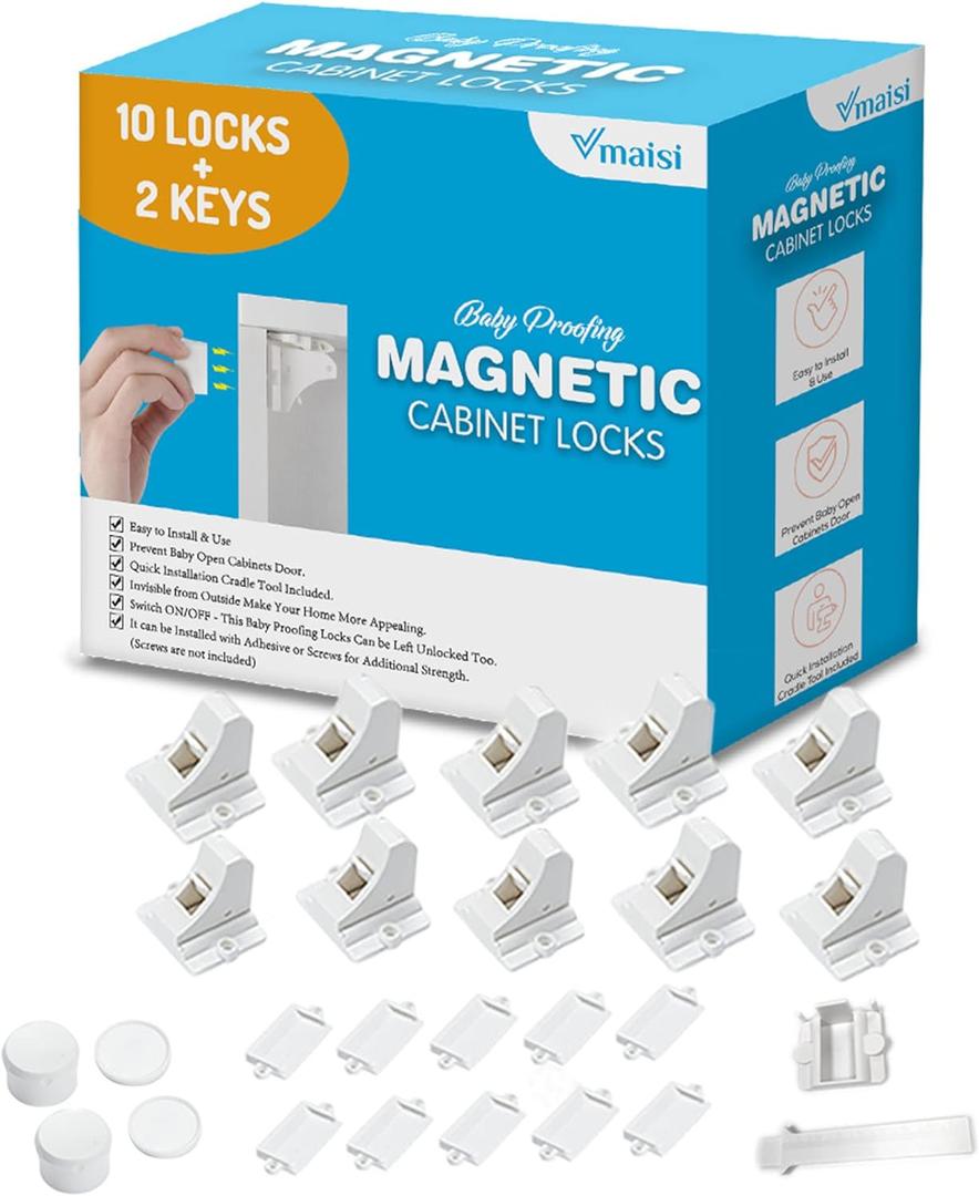 Vmaisi Adhesive Magnetic Locks for Cabinets & Drawers (10 Locks and 2 Keys)