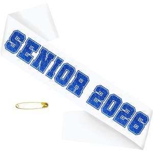 3 x Senior 2026 Sashes White Satin with Blue Glitter Letters Sashes, Class of 2026 Sash for Graduation Party, Senior Cheer Sashes, Cheerleader Sash, Class Competition Sashes