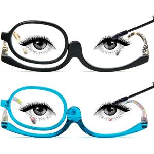 MMOWW 2 Pairs Makeup Reading Glasses for Women Magnifying Flip Down Cosmetic Readers (Black+blue)