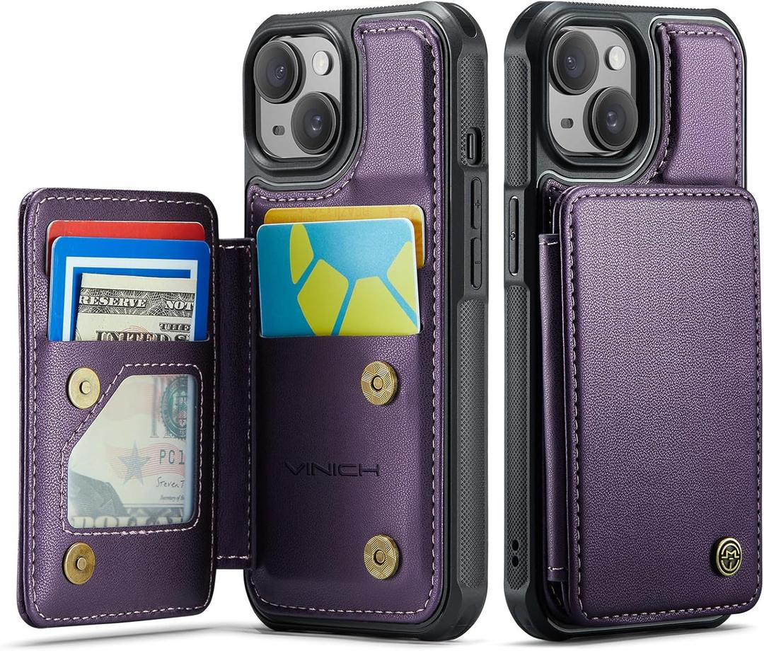 Vinich for iPhone 14 Wallet Case with Card Holder, RFID Blocking Credit Slots Kickstand Shockproof Phone Cover for Women Men, Purple