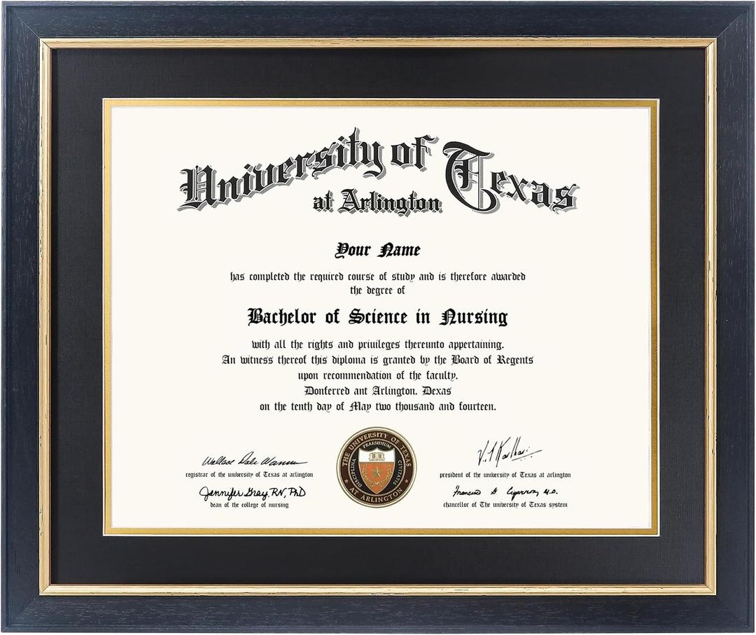 GMFrames 11x14 Wood Diploma Frame with Black Mat or Display 14x17 Certificates without Mat,Tempered Glass,Rustic Black Finish with Gold Trim