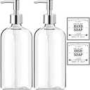 Clear Soap Dispenser with Rust Proof Pump, Waterproof Labels (2 Pack,16 Oz), Plastic Hand Soap Dish Soap Dispenser for Kitchen Bathroom