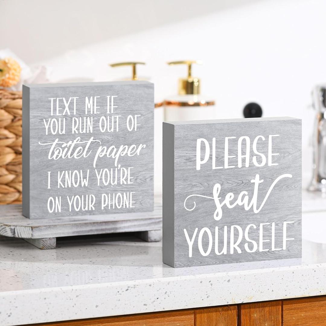 Jetec 2 Pieces Farmhouse Bathroom Signs Decor Wooden Box Sign Funny Bathroom Wall Art Rustic Wood Plaque Please Seat Yourself Decor for Home Restroom(Gray)