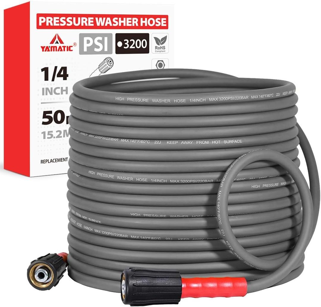 YAMATIC Flexible Pressure Washer Hose 50FT 1/4", 3200 PSI, M22-14mm Female Ends, Kink-Resistant Replacement for Gas/Electric Power Washer Troy-Bilt Ryobi Craftsman, Grey