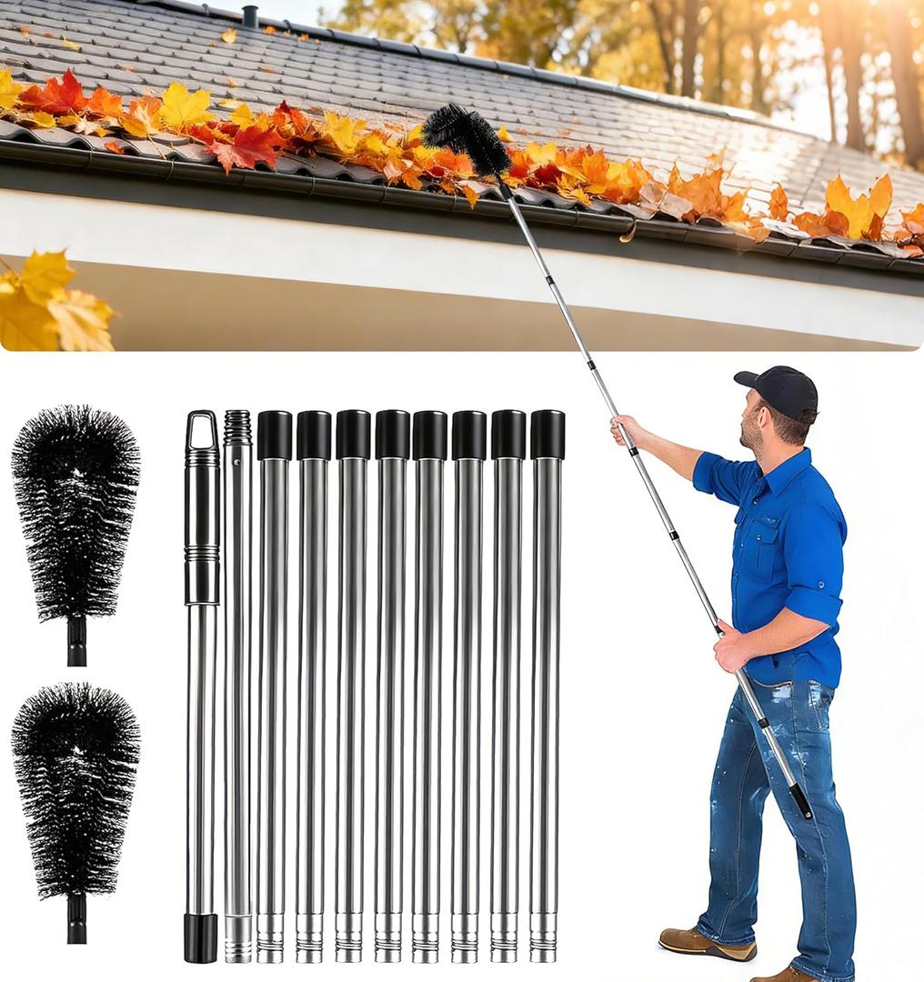 Gutter Cleaning Tools From The Ground - 12.7-Foot Adjustable Gutter Cleaner Tools with Bendable Nylon Brush,No Ladder NeededMakes it Easy To Clean Leaves, Branches And Debris from Gutters
