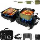 2 Burner 24000 BTU Propane Camping Stove, Foldable Camp Stove with 2-in-1 Frying Pan & Pot, Adjustable Burner Dual Gas Stove,Camp Cooking Set with Windshield, Carry Bag for Tailgating, Picnic, Black