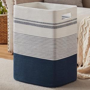 Laundry Hamper, Large Woven Rope Tall Laundry Basket with Handles, 22" X 17" X 13", Decorative Storage Basket for Clothes and Blankets in Living room, Bedroom, Dark Blue& White (80L)