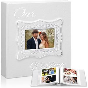 Dunzoom Our Wedding Photo Album 200 Pcs 4 x 6 Inch Leather Wedding Anniversary Album with Front Window Double Heart Design Couple Gifts, White