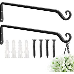 FEED GARDEN 15 Inch 2 Pack Hand-Forged Hanging Plant Bracket Heavy Duty Metal Plant Hangers for Outdoor Hanging Bird Feeders Lanterns Wind Chimes Black