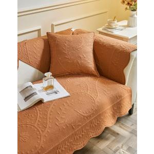 vctops Cotton Quilted Couch Cover Floral Leaves Embroidery Sofa Cover Non Slip Sofa Slipcover for Dogs Cats Kids Loveseat Recliner L Shaped Armrest Backrest (Orange,36"x94")