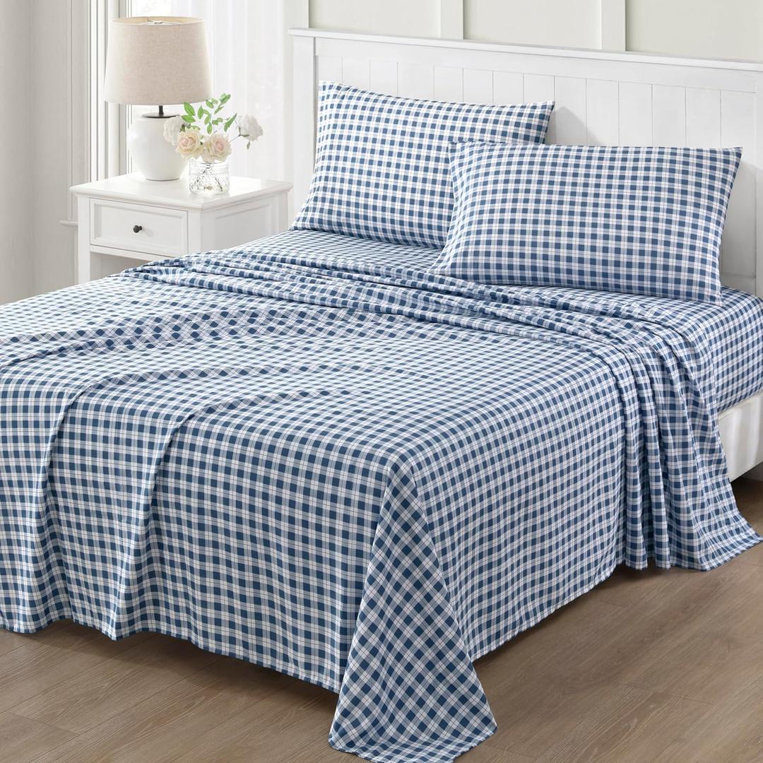 MARTHA STEWART Ultra Soft Brushed and Washed Microfiber 4 Piece Sheet Set, Easy Care, Comfy Bed Sheets with Deep Pocket, 1 Flat Sheet, 1 Fitted Sheet, 2 King Pillowcases, King Size, Navy Blue (Todd Checks Blue)